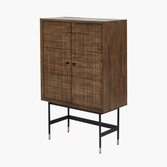 Crafter Bar Cabinet, Dark Brown Acacia Wood, Black Metal Legs, 2 Door