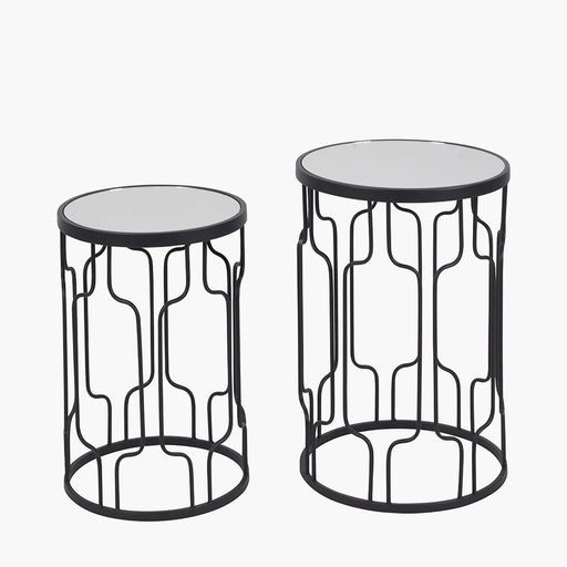 Arlington Side Tables, Black Metal Frame, Round Mirrored, Glass Top, S/2