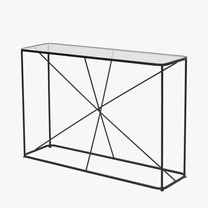 Roxy Console Table, Crossed Black Metal Frame, Glass Top