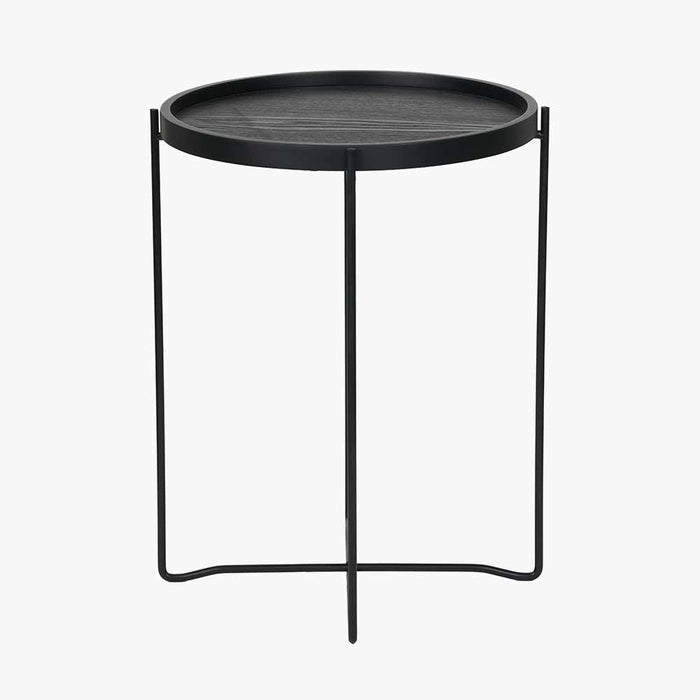 Voss Side Table, Black Metal Frame, Black Wood Veneer, Round Top