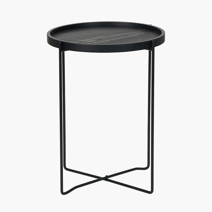 Voss Side Table, Black Metal Frame, Black Wood Veneer, Round Top