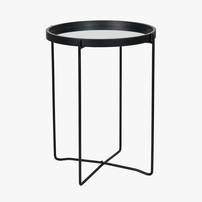 Voss Side Table, Mirrored Glass, Black Metal Legs, Round Top