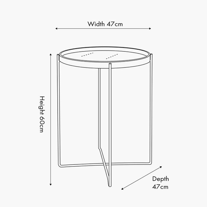 Voss Side Table, Mirrored Glass, Black Metal Legs, Round Top