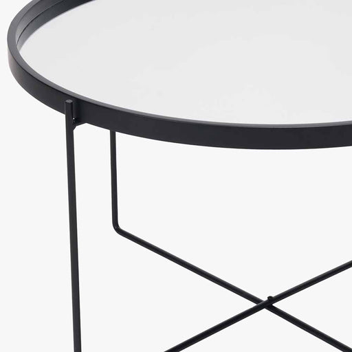 Voss Coffee Table, Black Metal Legs, Round Mirrored Glass Top