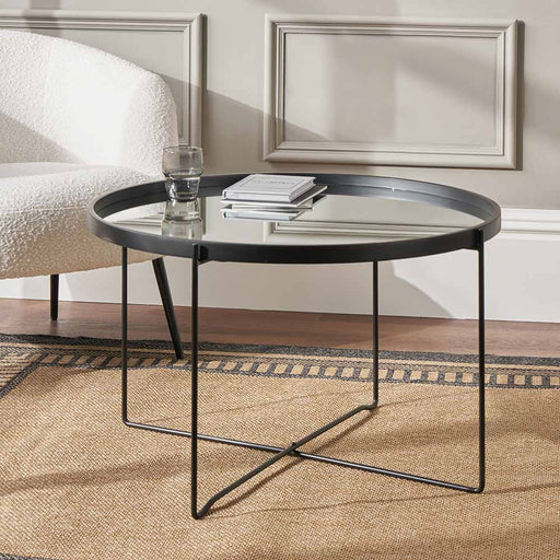 Voss Coffee Table, Black Metal Legs, Round Mirrored Glass Top