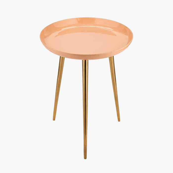 Seline Side Table, Apricot Enamel, Gold Metal Legs, Round Top