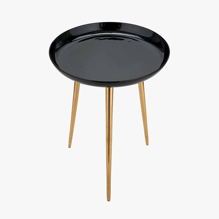 Seline Side Table, Black Enamel Round Top, Gold Metal Legs