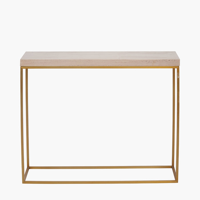 Belle Console Table, Burnished Gold Metal Frame, Beige Granite Top