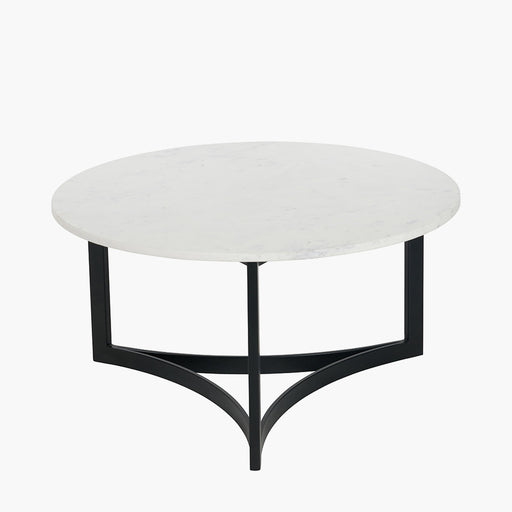 Hendrick Coffee Table, White Marble Top, Curved Black Metal Legs