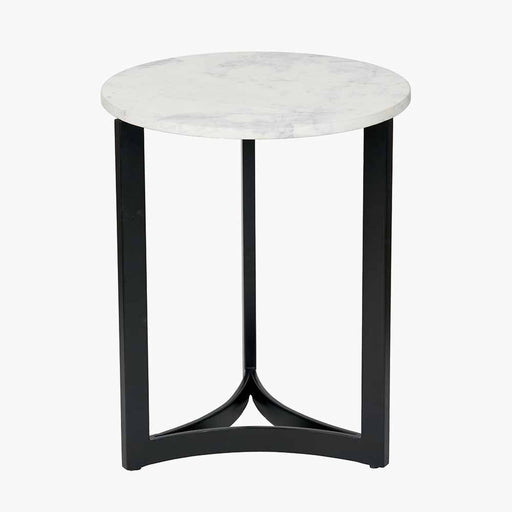 Hendrick Side Table, Curved Black Metal Legs, White Marble Top 