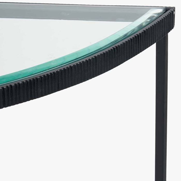 Marazzi Console Table, Half Moon, Black Metal Frame,  Bevelled Glass Top