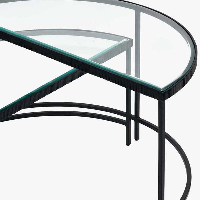 Marazzi Coffee Tables, Half Moon, Black Metal Frame, Bevelled Glass Top, Set Of 2