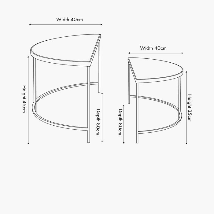 Marazzi Coffee Tables, Half Moon, Black Metal Frame, Bevelled Glass Top, Set Of 2