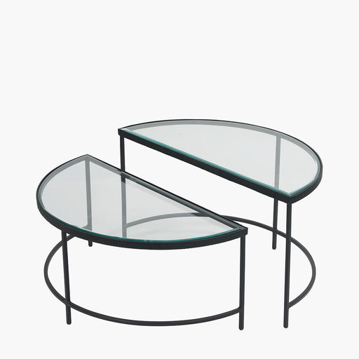 Marazzi Coffee Tables, Half Moon, Black Metal Frame, Bevelled Glass Top, Set Of 2   