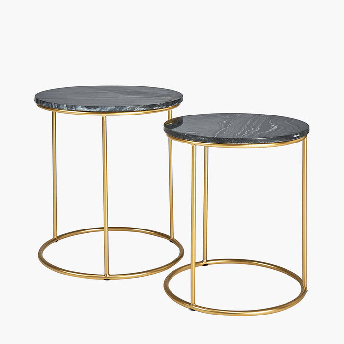 Milly Side Tables, Gold Metal Legs, Black Marble Top, Set Of 2