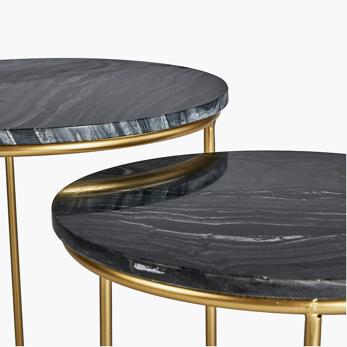 Milly Side Tables, Gold Metal Legs, Black Marble Top, Set Of 2