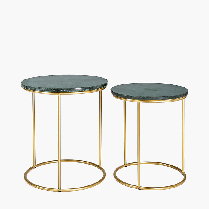 Milly Side Tables, Green Marble Top, Gold Metal Frame, Set Of 2