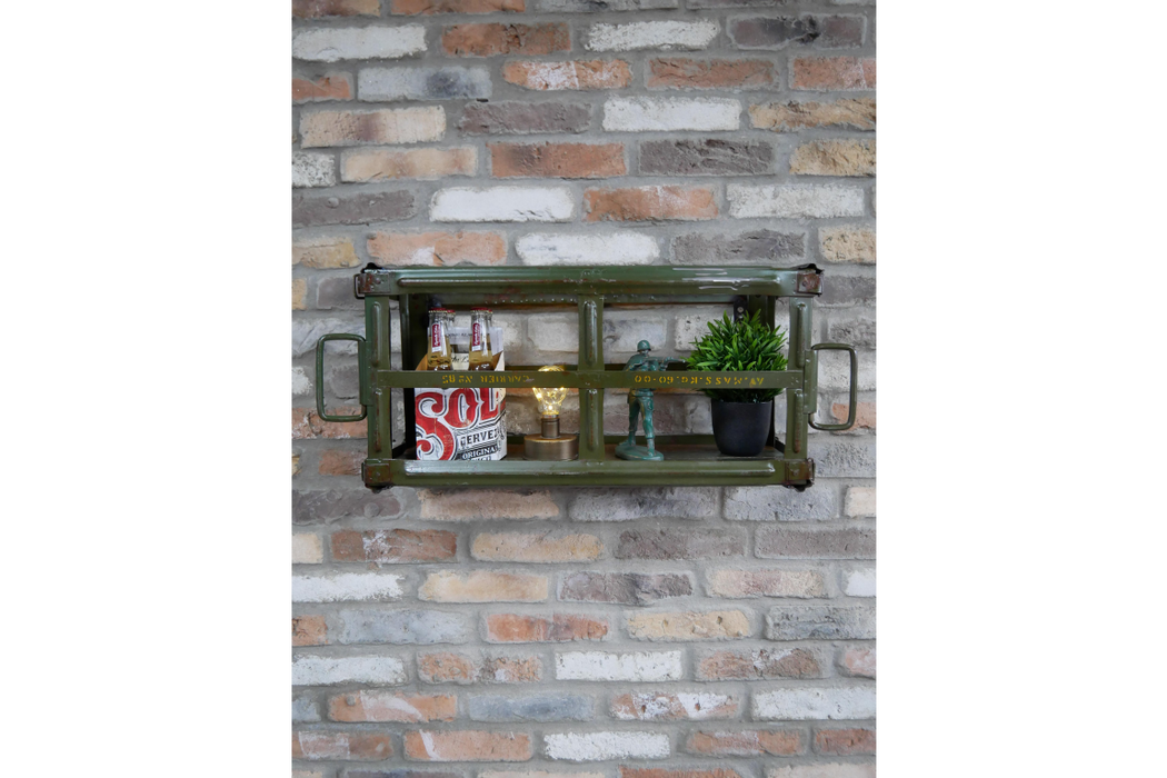 Rectangular Industrial Wall Shelf, Metal Frame, Metal Door, Rustic Green Finish
