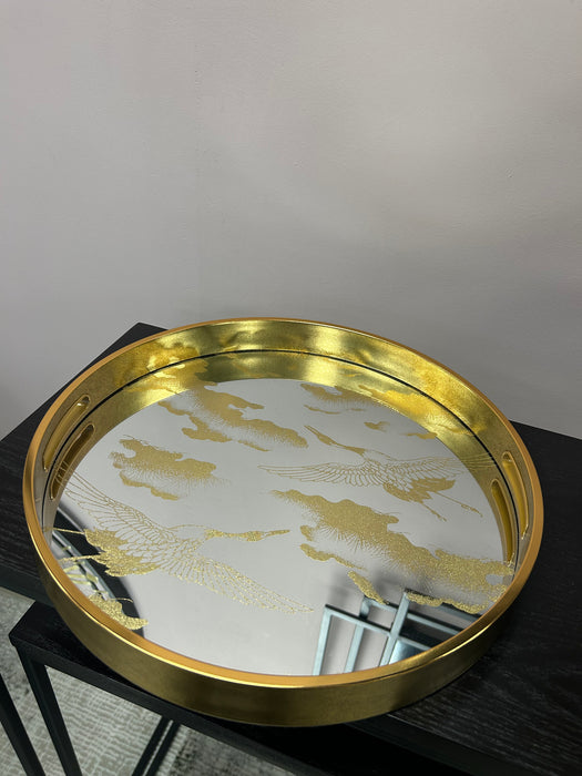 Antique Gold Decorative Tray, Round, Mirrored, Bird Design