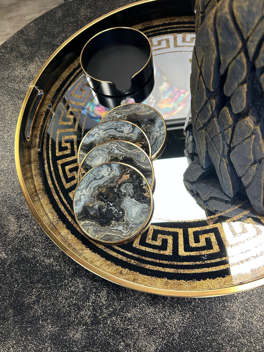 Black & Gold Decorative Tray Round, Mirrored, Aztec Design