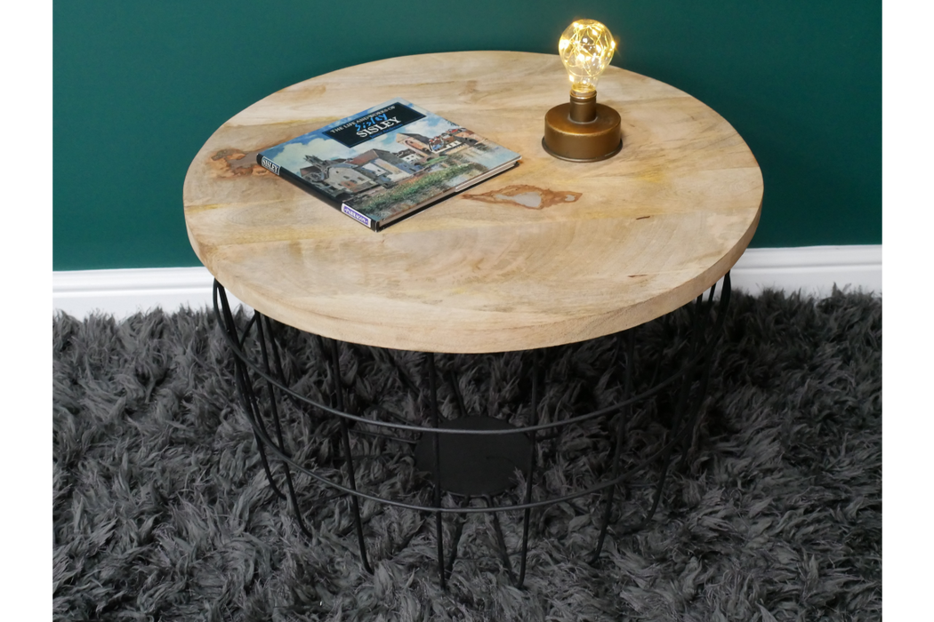 Industrial Coffee Table, Crisscrossed, Metal Leg, Natural Wooden Top 