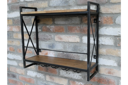 Mabel Wooden Wine Wall Shelf, Cabinet, Square, Metal Frame, Black