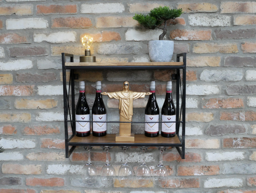 Mabel Wooden Wine Wall Shelf, Cabinet, Square, Metal Frame, Black