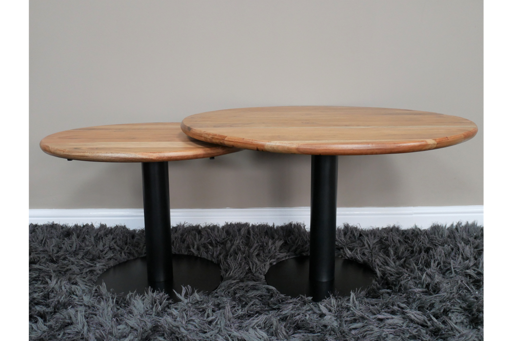 Morrilton Coffee Tables, Wooden Round Top, Black Metal Leg, Set Of 2