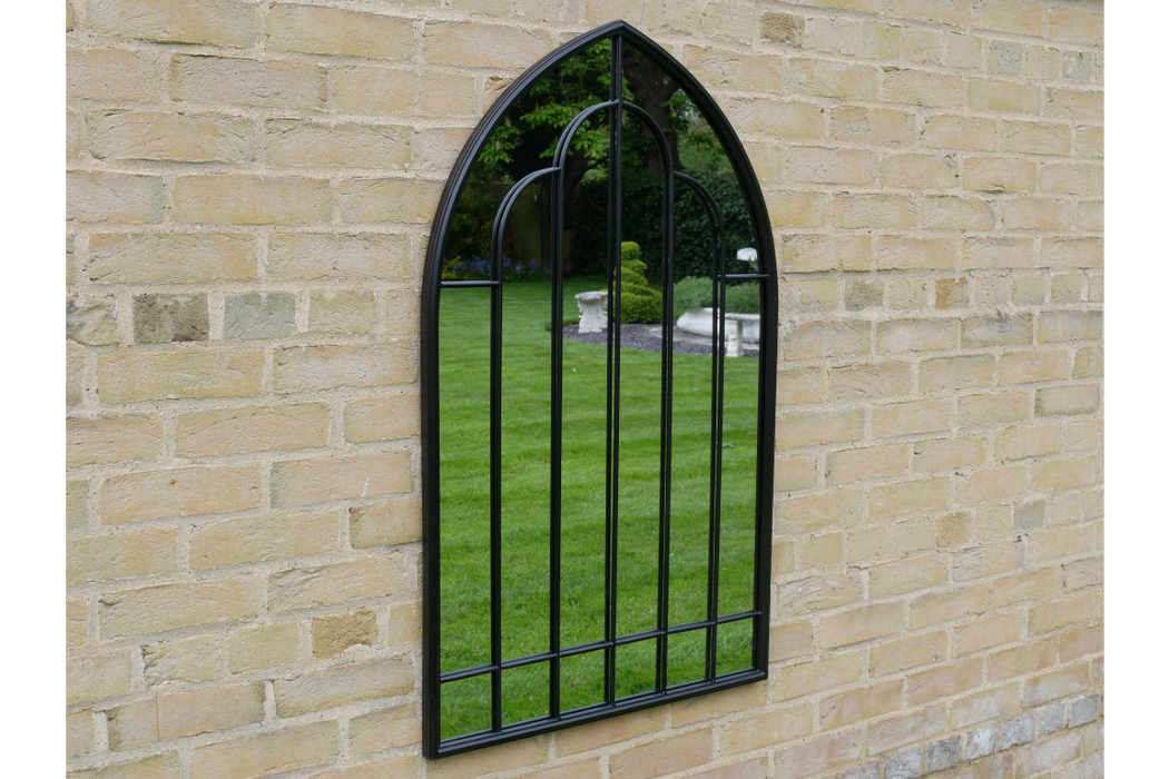 Indoor / Outdoor Black Metal Arch Garden Mirror - 108 x 65 cm