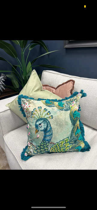 Stylized Tausi Peacock Cotton Cushion with Ornamental Embellishment in Teal - 45 x 45 cm