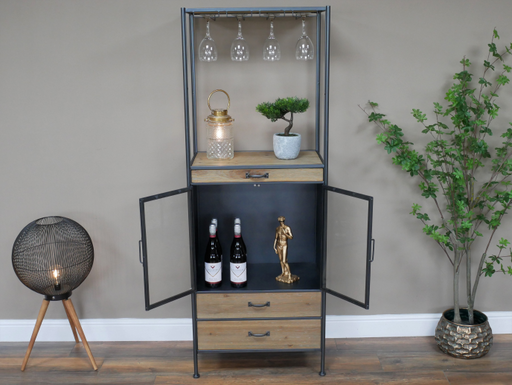 Rustic Wine Floor Cabinet, Black Metal, Wooden Drawer, Glass Door