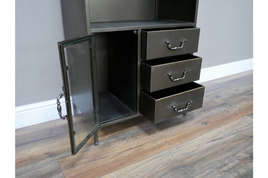 Distressed Metal Floor Shelf, Display Unit, Rectangular, Glass Door, 2 Shelf, 3 Drawers