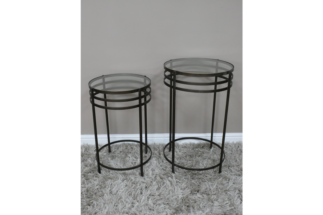 Distressed Side Tables, Black Metal Frame, Round Glass Top, Set Of 2