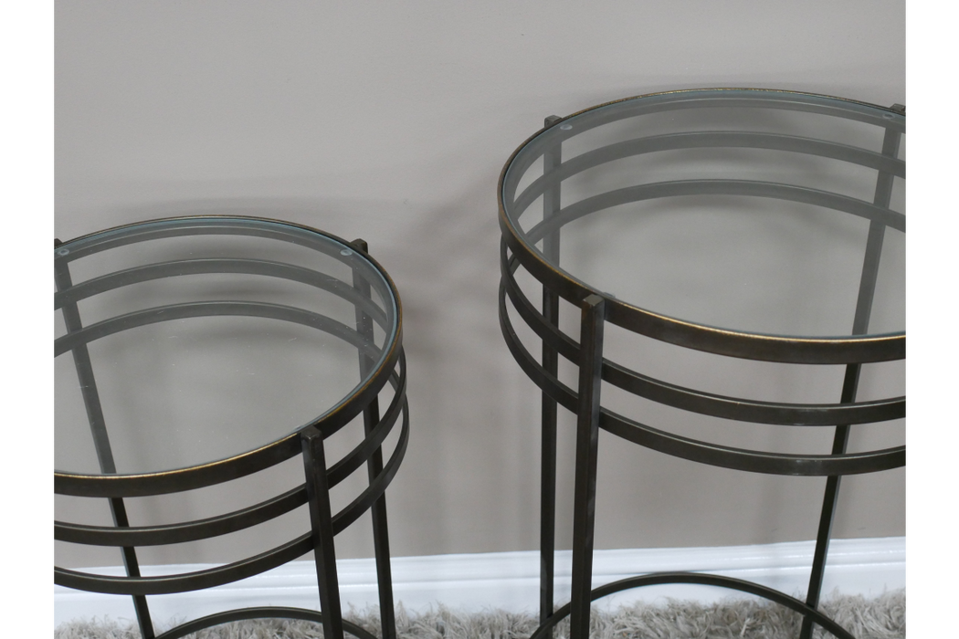 Distressed Side Tables, Black Metal Frame, Round Glass Top, Set Of 2