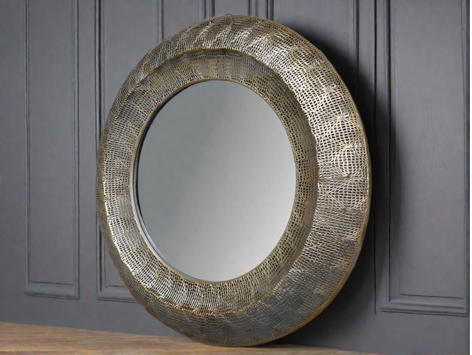 Estelle Round Wall Mirror, Gold Textured Metal