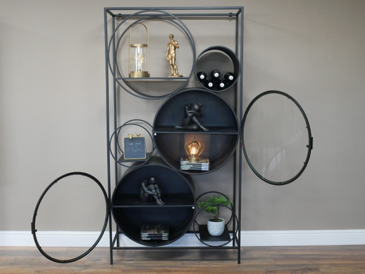  Rectangular Floor Shelf, Display Cabinet, Shelving Unit, Black Metal Frame, Glass Door