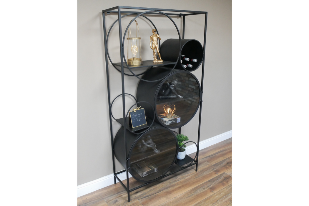 Rectangular Floor Shelf, Display Cabinet, Shelving Unit, Black Metal Frame, Glass Door