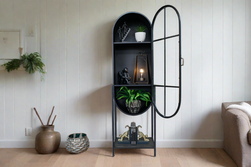 Charlesville Floor Shelf Unit, Single Glass Door, Display Cabinet, Arched Black Metal Frame