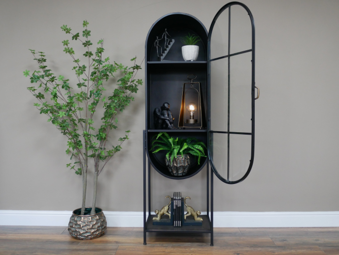 Charlesville Floor Shelf Unit, Single Glass Door, Display Cabinet, Arched Black Metal Frame