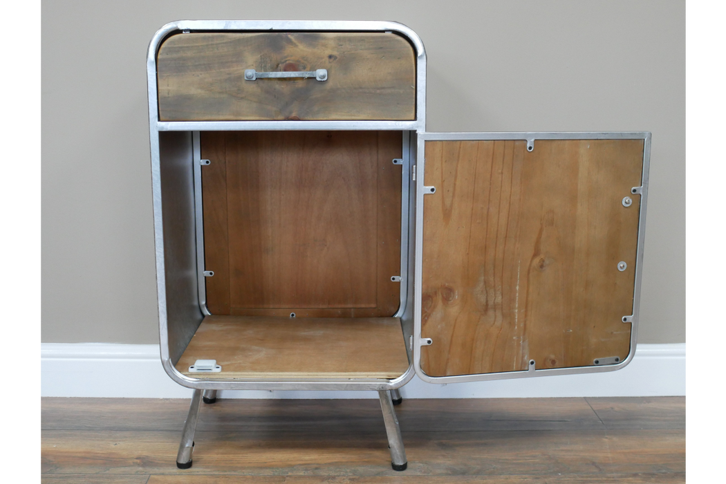 Silver & Wooden Industrial Bedside Cabinet