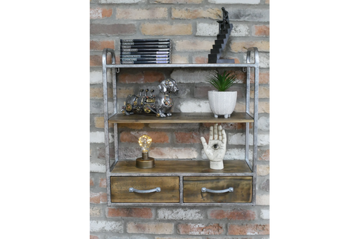 Rustic Wooden Wall Shelf, Metal Pipe, Rectangular Frame, Silver, Two Drawers  