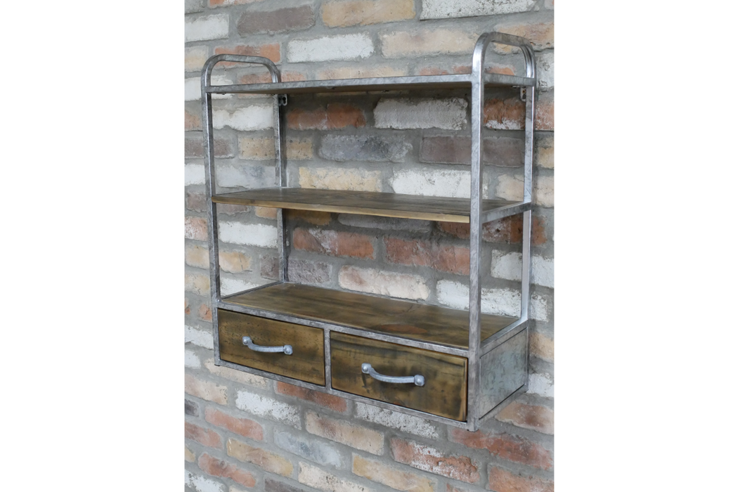 Rustic Wooden Wall Shelf, Metal Pipe, Rectangular Frame, Silver, Two Drawers