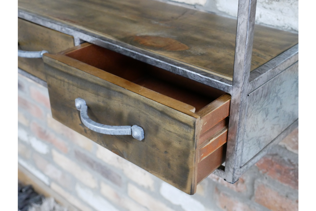 Rustic Wooden Wall Shelf, Metal Pipe, Rectangular Frame, Silver, Two Drawers