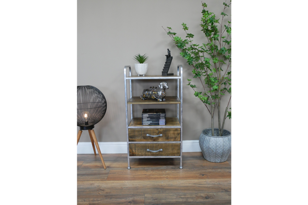 Silver & Wooden Industrial Bedside Cabinet With 2 Drawers