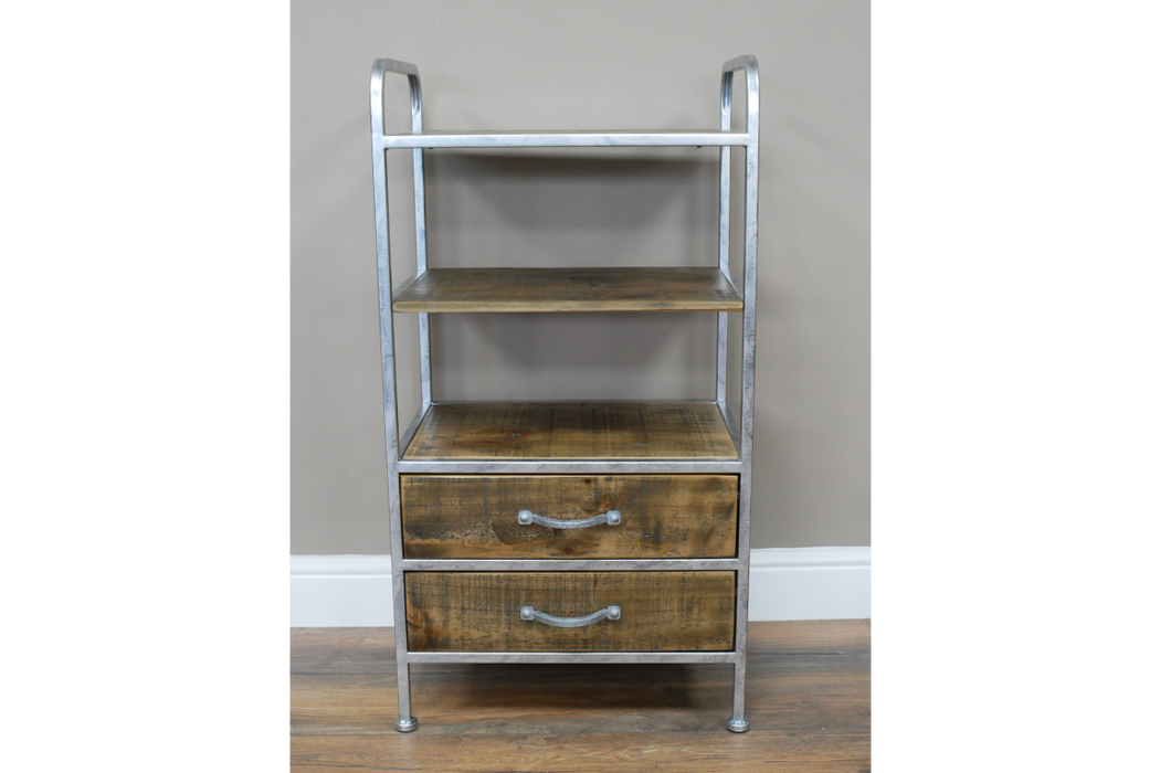 Silver & Wooden Industrial Bedside Cabinet With 2 Drawers