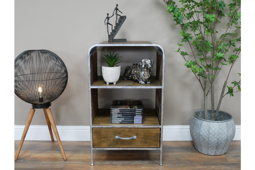 Silver & Wooden Industrial Bedside Cabinet With Drawer