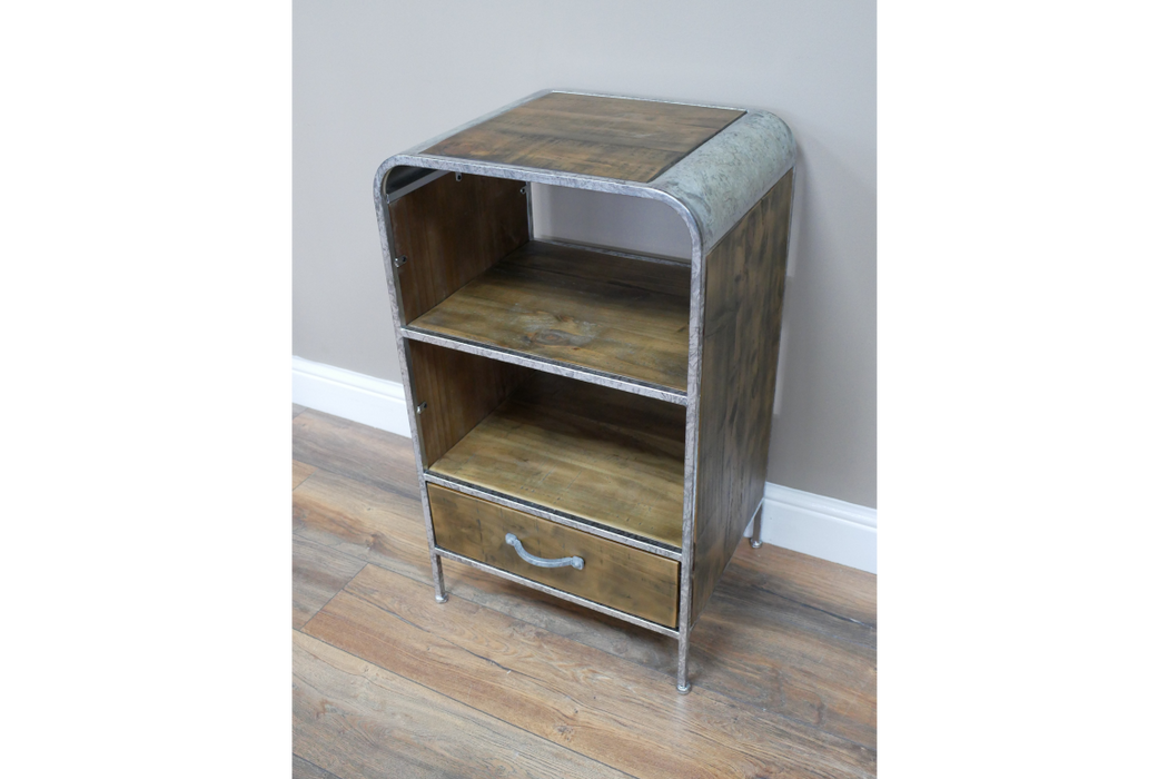 Silver & Wooden Industrial Bedside Cabinet With Drawer