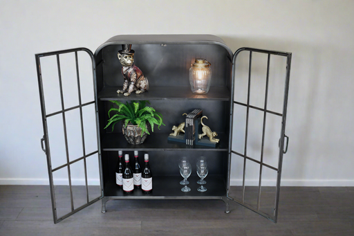 Charlesville Floor Shelf Unit, Display Cabinet, Double Glass Doors, Low, Rectangular, Black Metal Frame