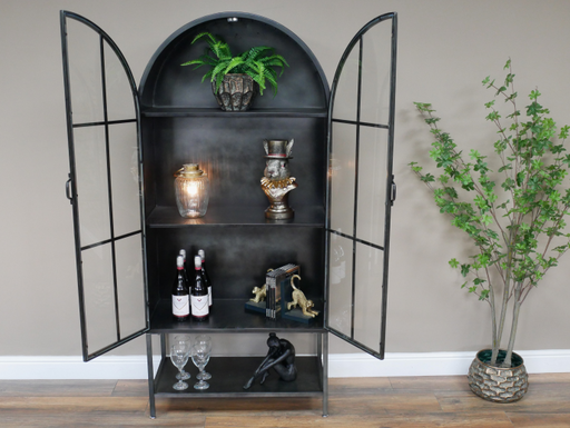 Charlesville Floor Shelf Unit, Arched Frame, Black Metal, Display Cabinet, Double Glass Doors