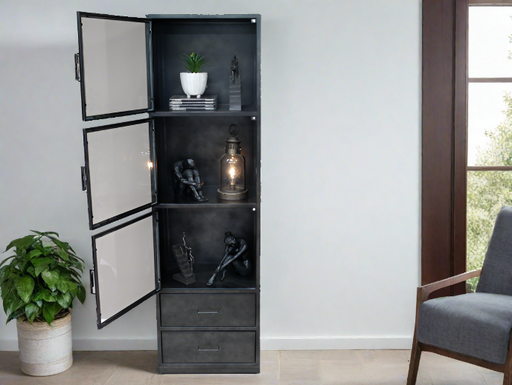 Charlesville Rectangular Floor Shelf, Three Glass Doors, Display Cabinet, Black Metal Frame